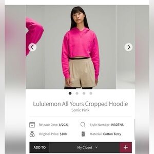 lululemon athletica Sonic Pink Cropped Hoodie Small